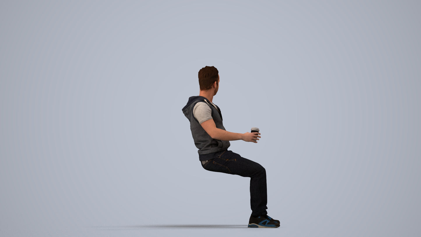 scanned 3D man casual sitting, photogrammetry people for Enscape and V-Ray, side view render