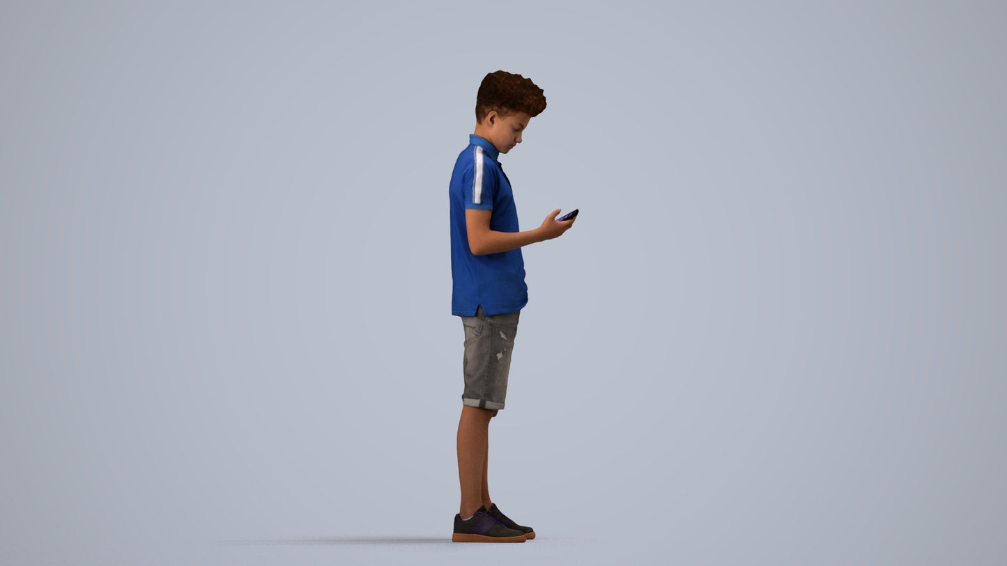realistic 3D human boy casual kids, archviz people FBX OBJ for Blender, side view render
