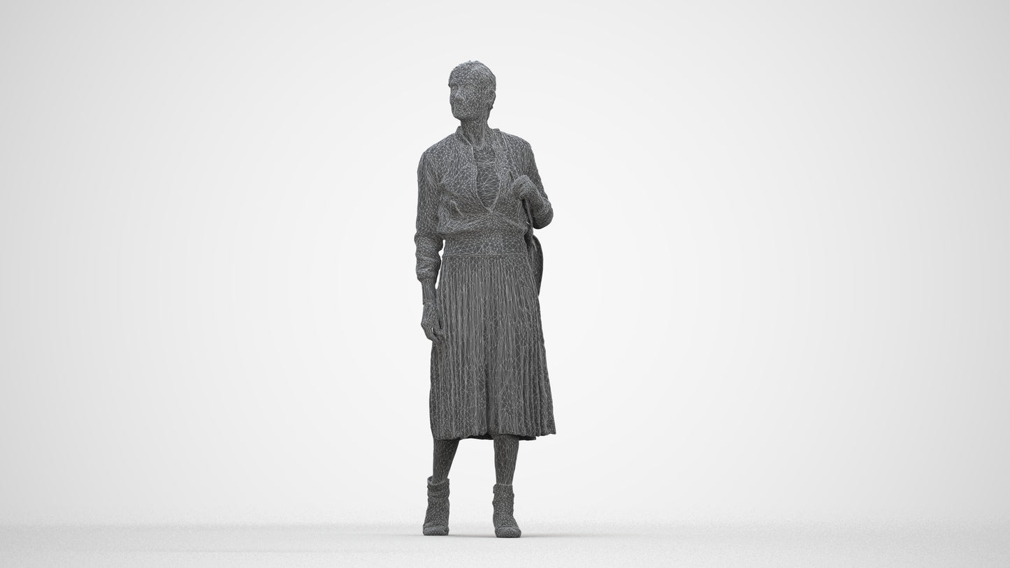 3D scanned senior woman walking casual, photorealistic archviz people for Enscape and SketchUp, wireframe back view