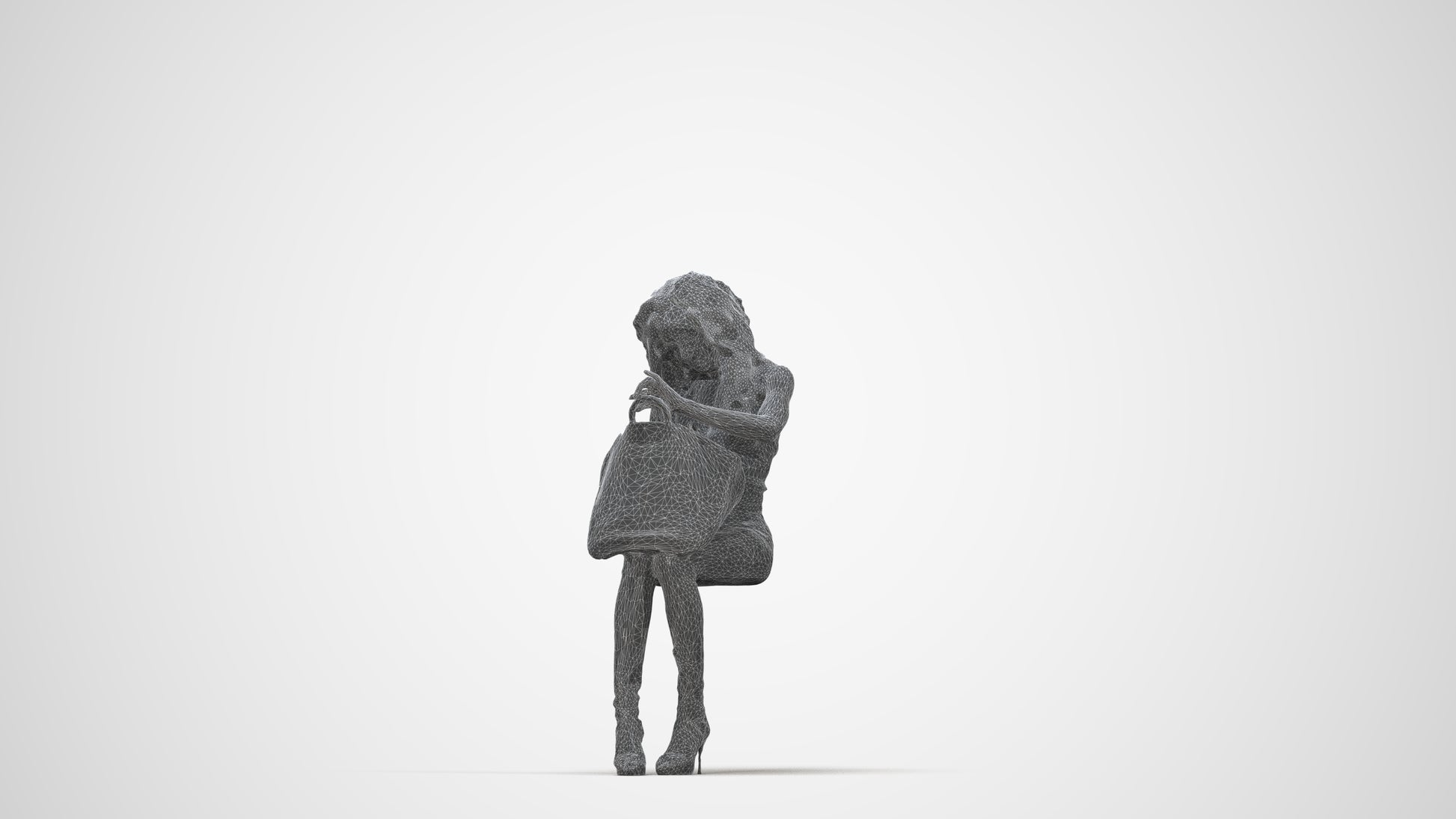 photogrammetry 3D woman casual sitting, realistic human model archviz FBX, wireframe back view