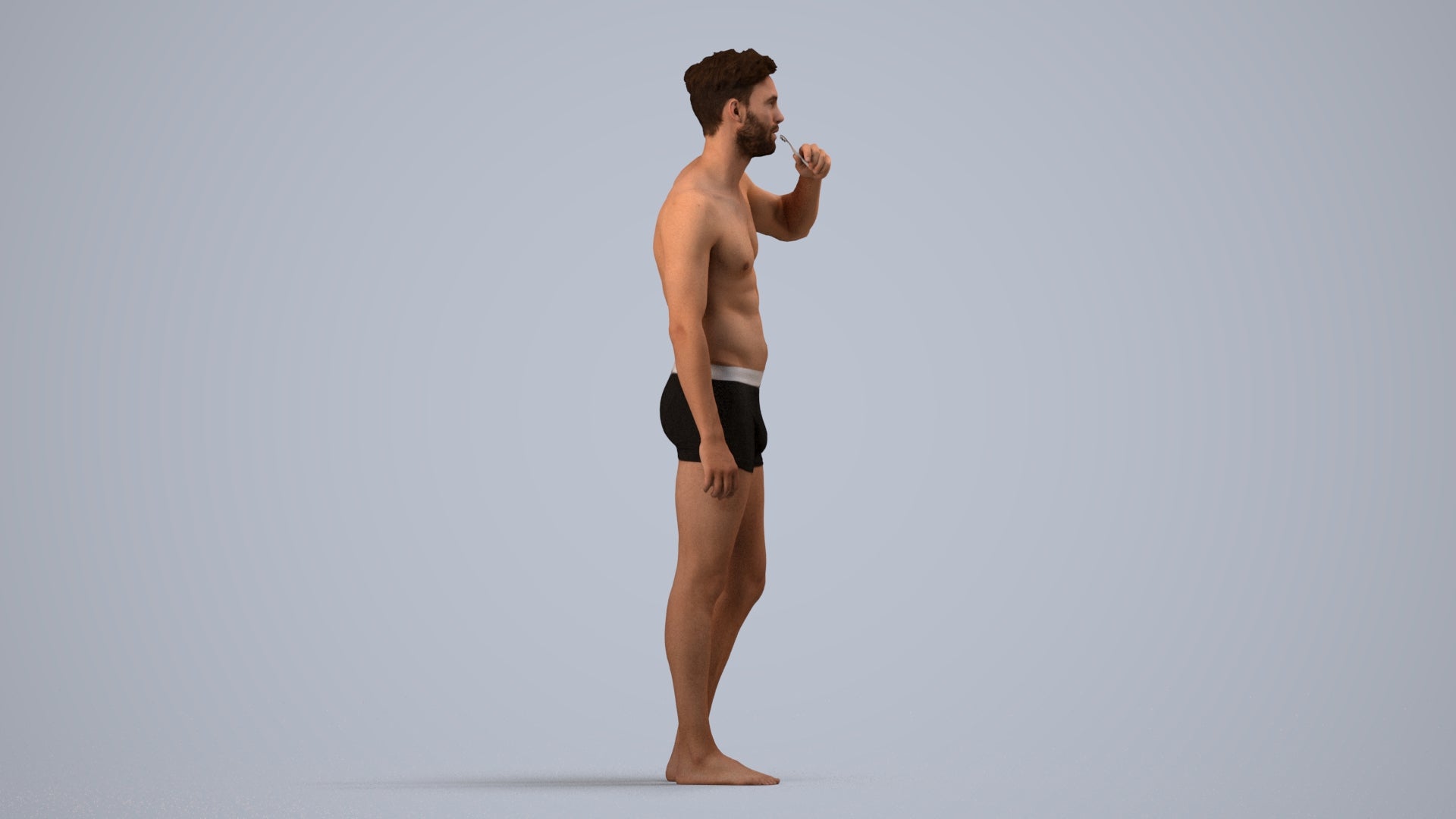 3D human model man bathroom, photogrammetry scanned person for archviz, side view render