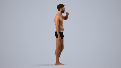 3D human model man bathroom, photogrammetry scanned person for archviz, side view render