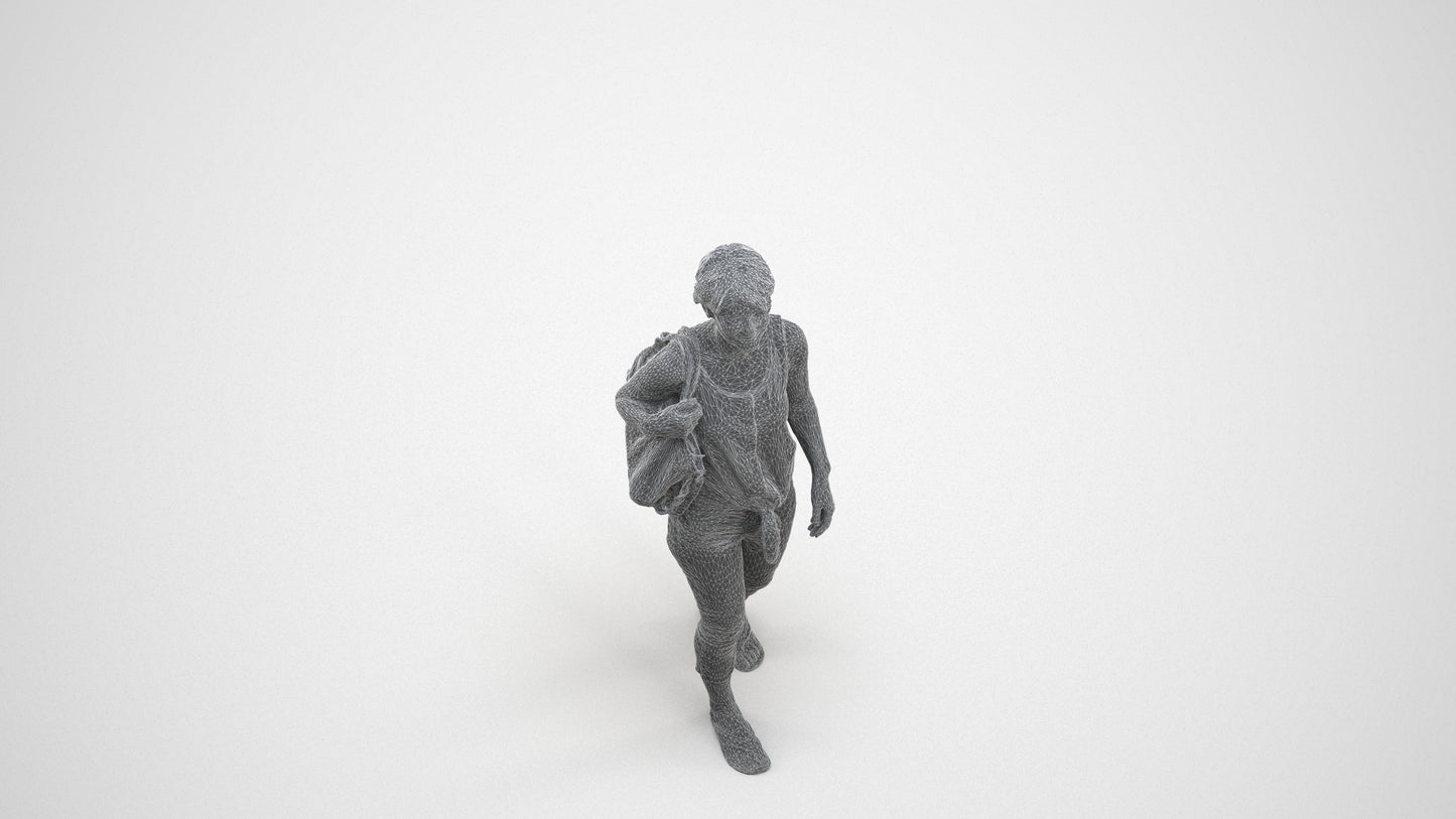 realistic 3D human senior woman walking, archviz people FBX OBJ for Blender, wireframe three-quarter view