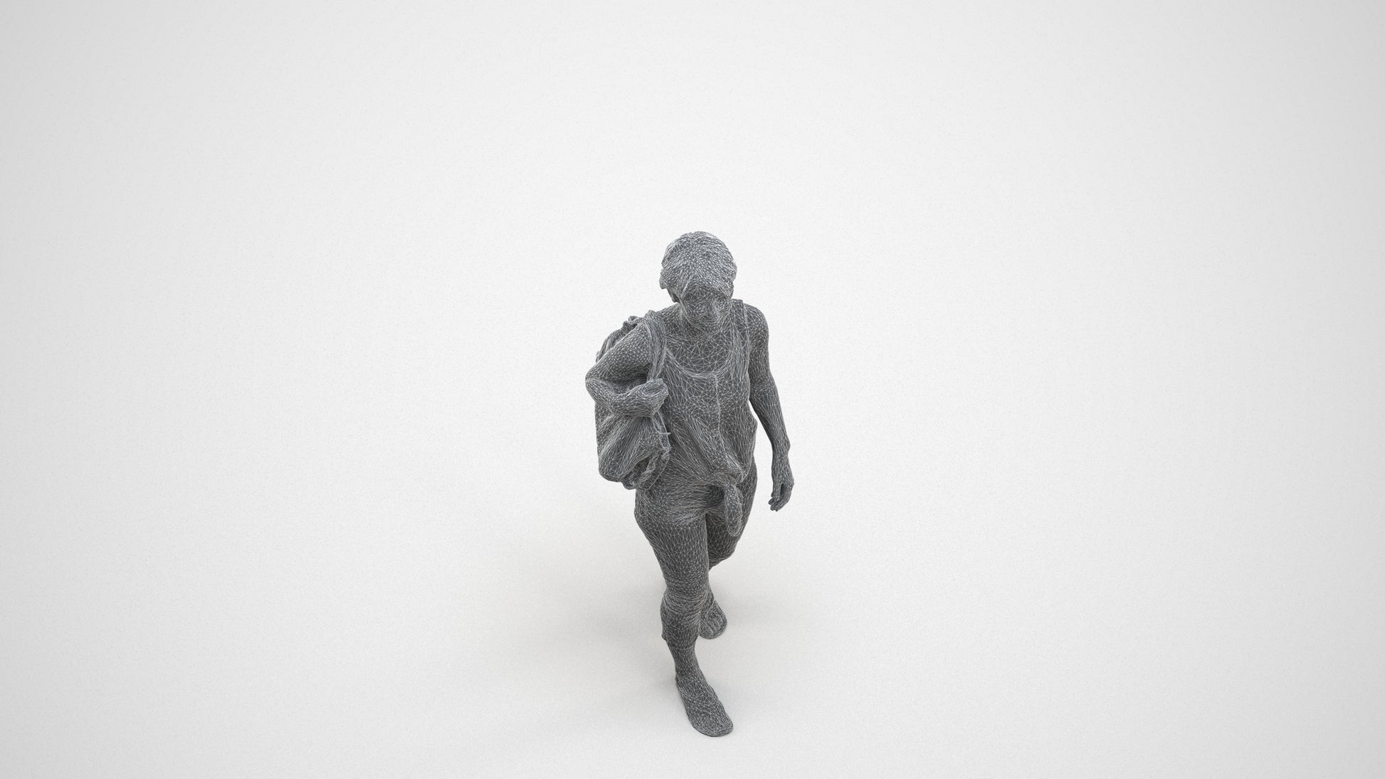 realistic 3D human senior woman walking, archviz people FBX OBJ for Blender, wireframe three-quarter view