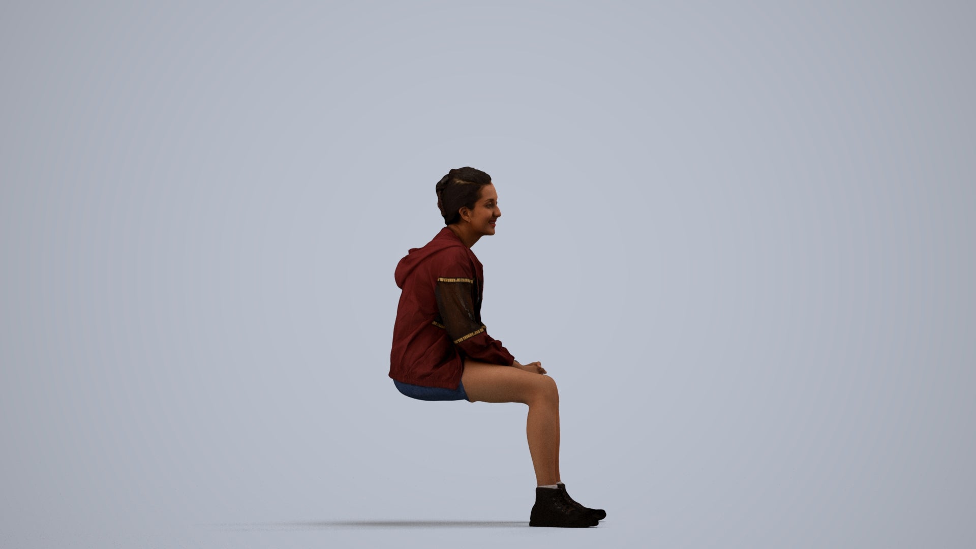 3D scanned woman sitting casual, photorealistic archviz people for Enscape and SketchUp, side view render