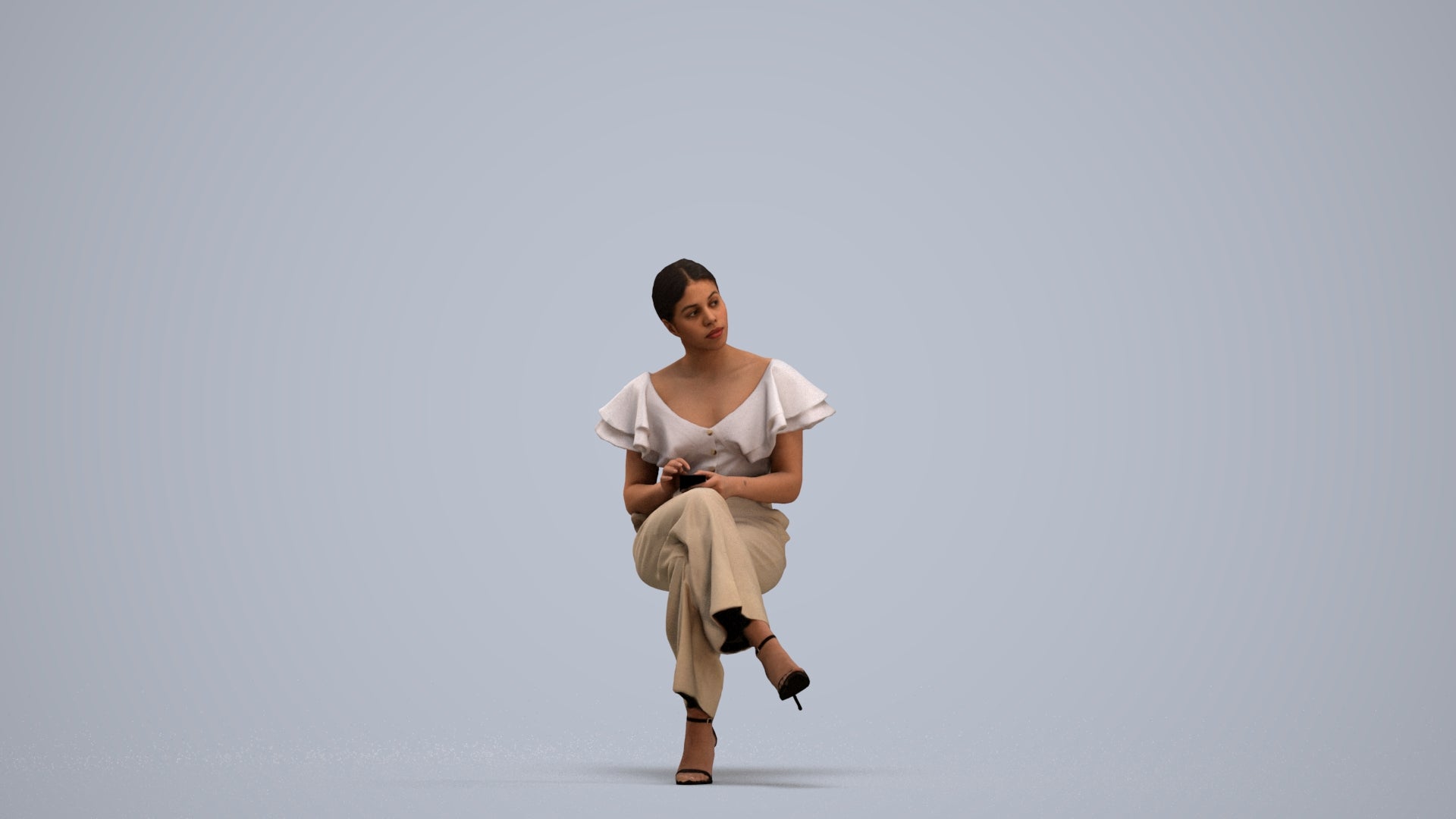 realistic 3D woman business sitting, scanned archviz people for Blender and 3ds Max, standing pose render