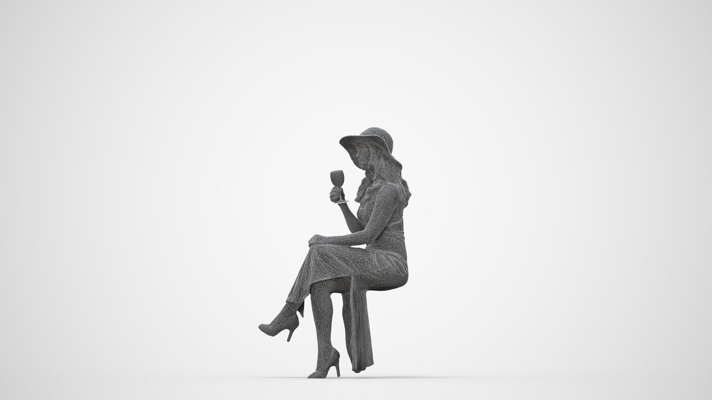 3D human model woman casual sitting, photogrammetry scanned person for archviz, wireframe back view