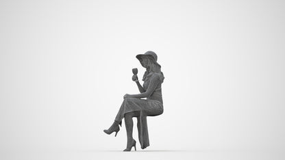 3D human model woman casual sitting, photogrammetry scanned person for archviz, wireframe back view