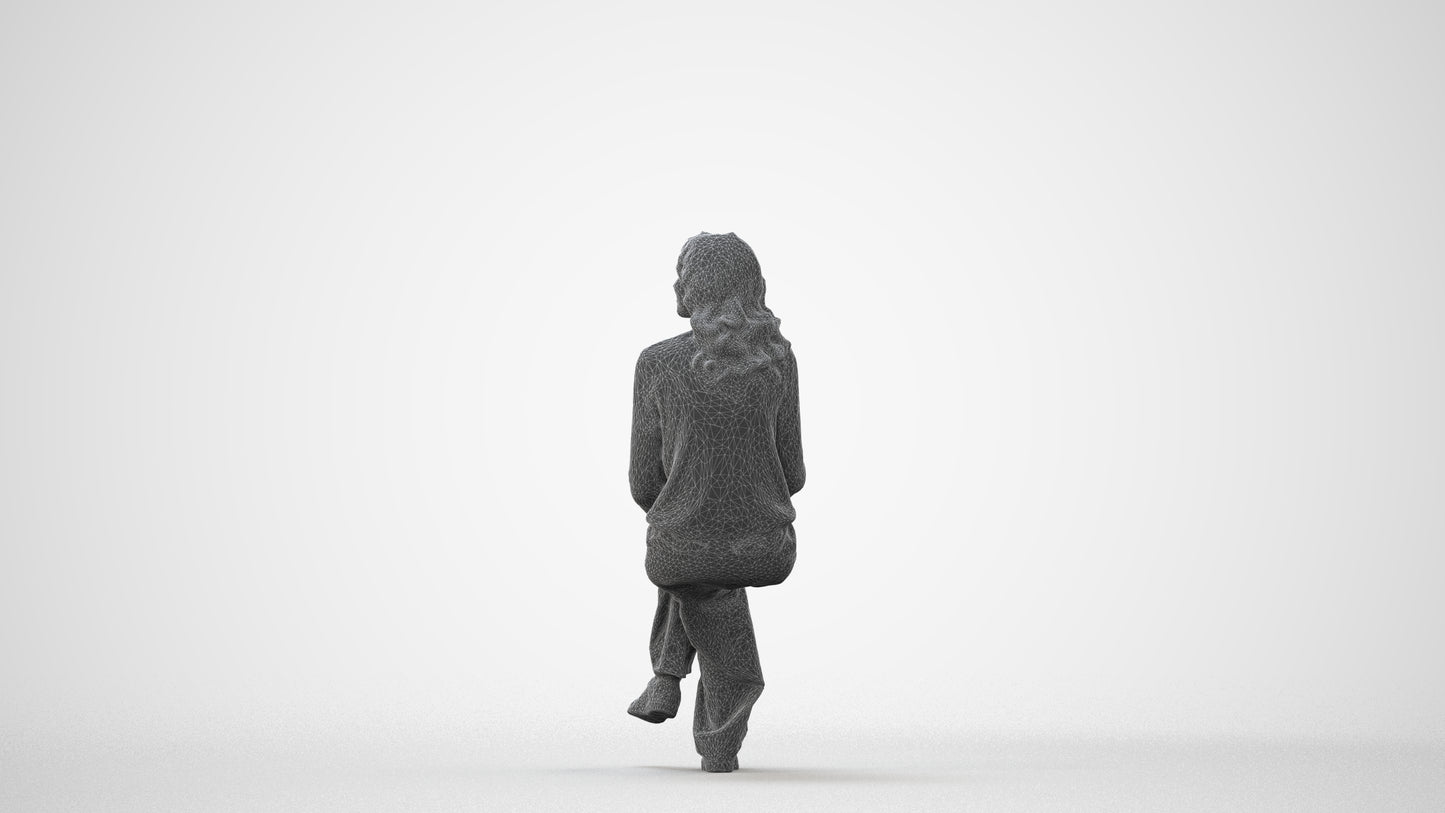 3D human model woman casual sitting, photogrammetry scanned person for archviz, square thumbnail