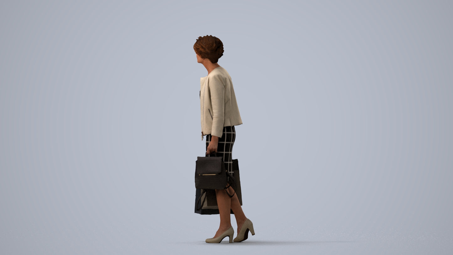 realistic 3D human woman business shopping, archviz people FBX OBJ for Blender, three-quarter view render