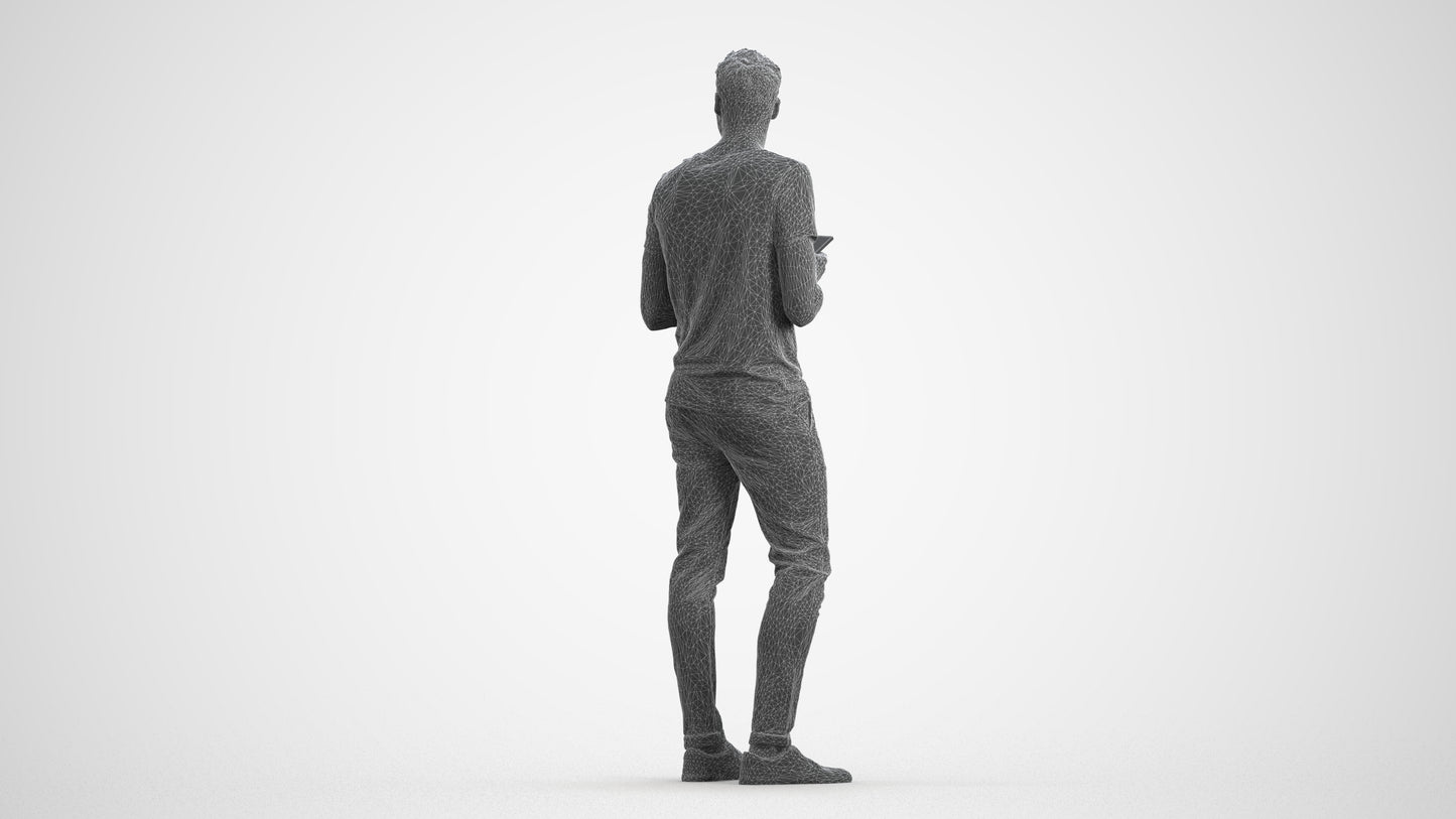 3D human model man casual standing, photogrammetry scanned person for archviz, wireframe front view