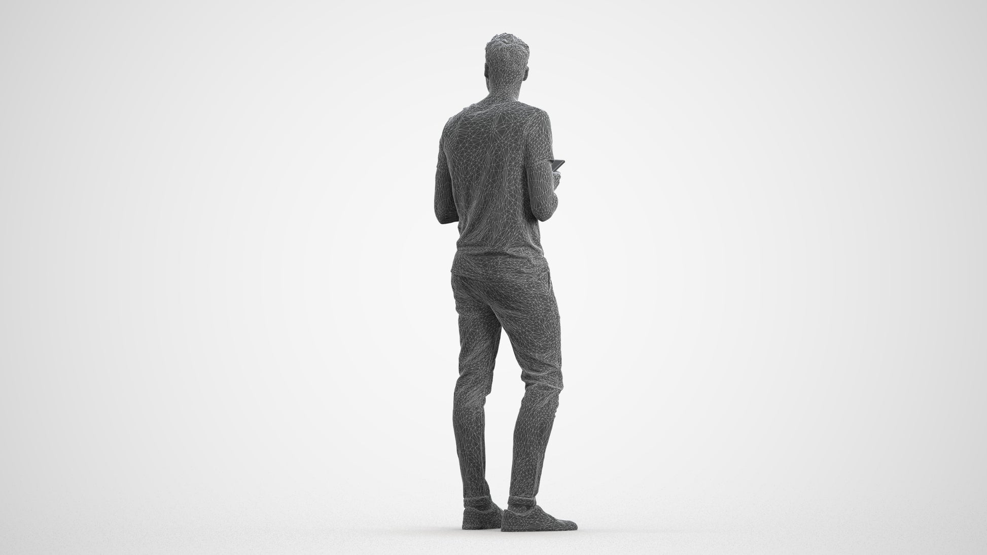 3D human model man casual standing, photogrammetry scanned person for archviz, wireframe front view