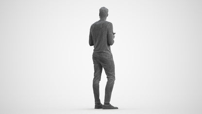 3D human model man casual standing, photogrammetry scanned person for archviz, wireframe front view