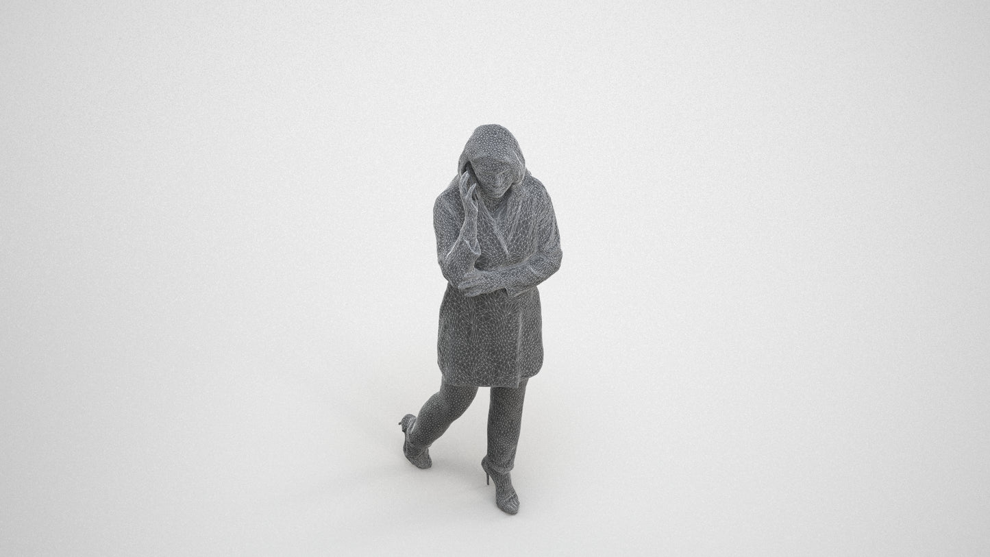 3D human model woman business walking, photogrammetry scanned person for archviz, wireframe three-quarter view