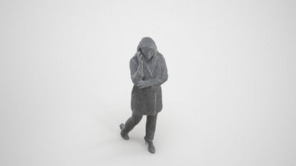 3D human model woman business walking, photogrammetry scanned person for archviz, wireframe three-quarter view