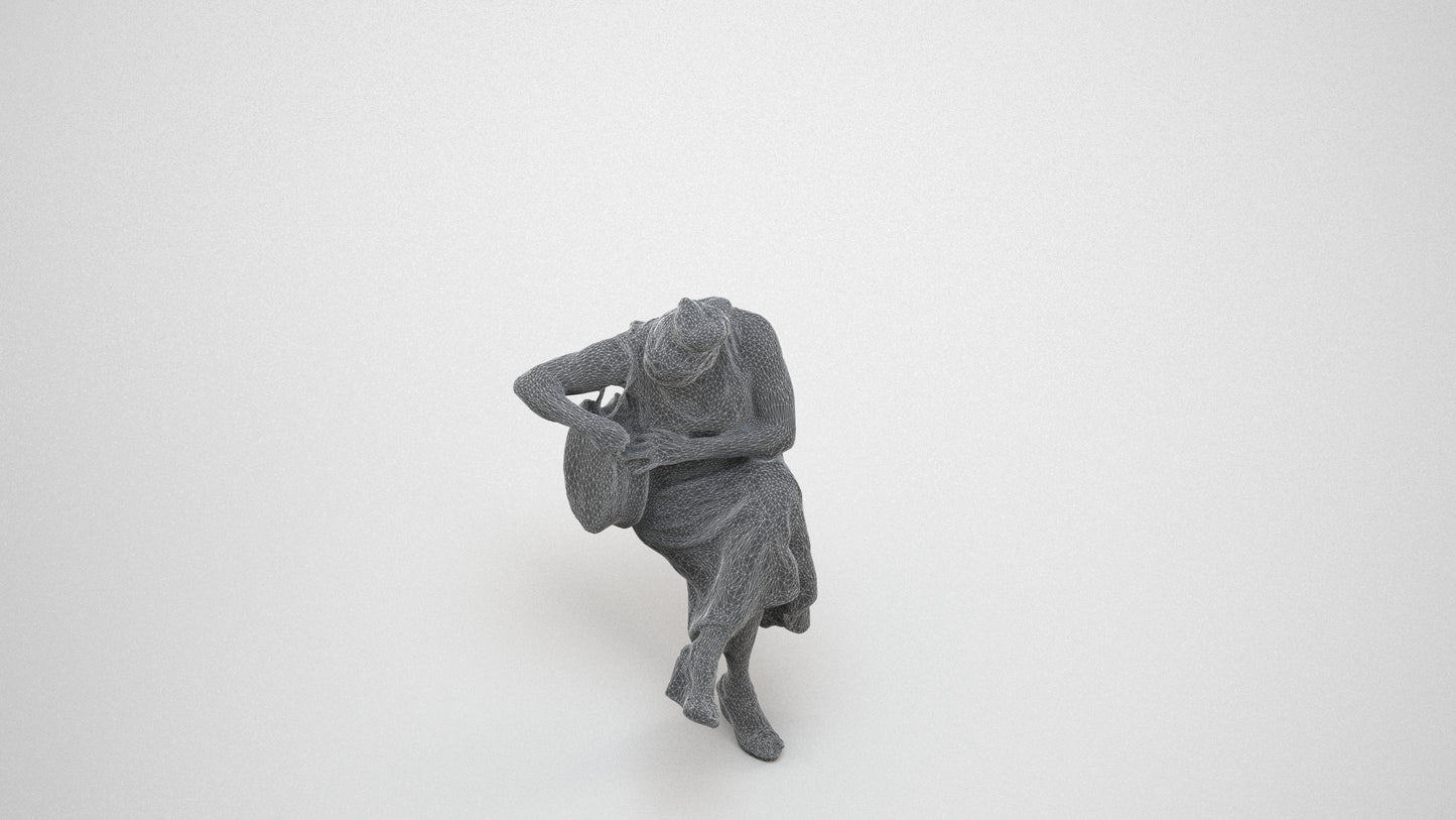 3D people model woman casual sitting, scanned human for 3ds Max rendering, wireframe three-quarter view