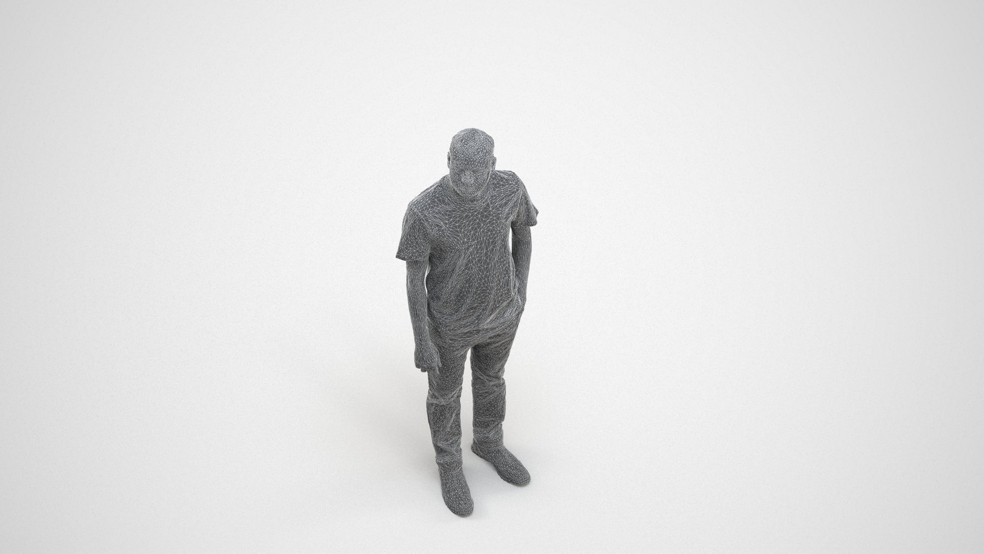3D people model man casual standing, scanned human for 3ds Max rendering, wireframe three-quarter view