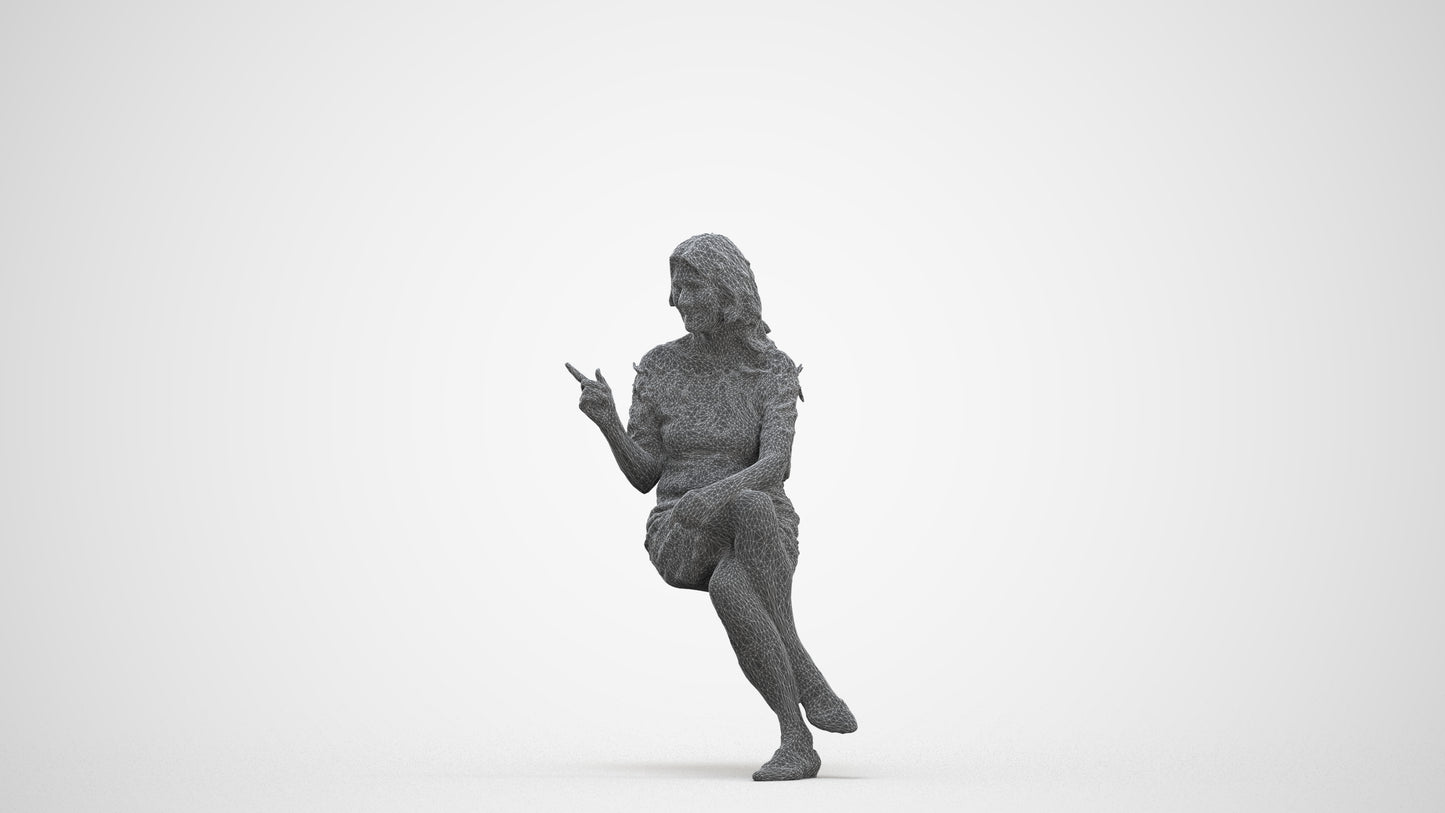 3D human model senior woman casual sitting, photogrammetry scanned person for archviz, three-quarter front view render