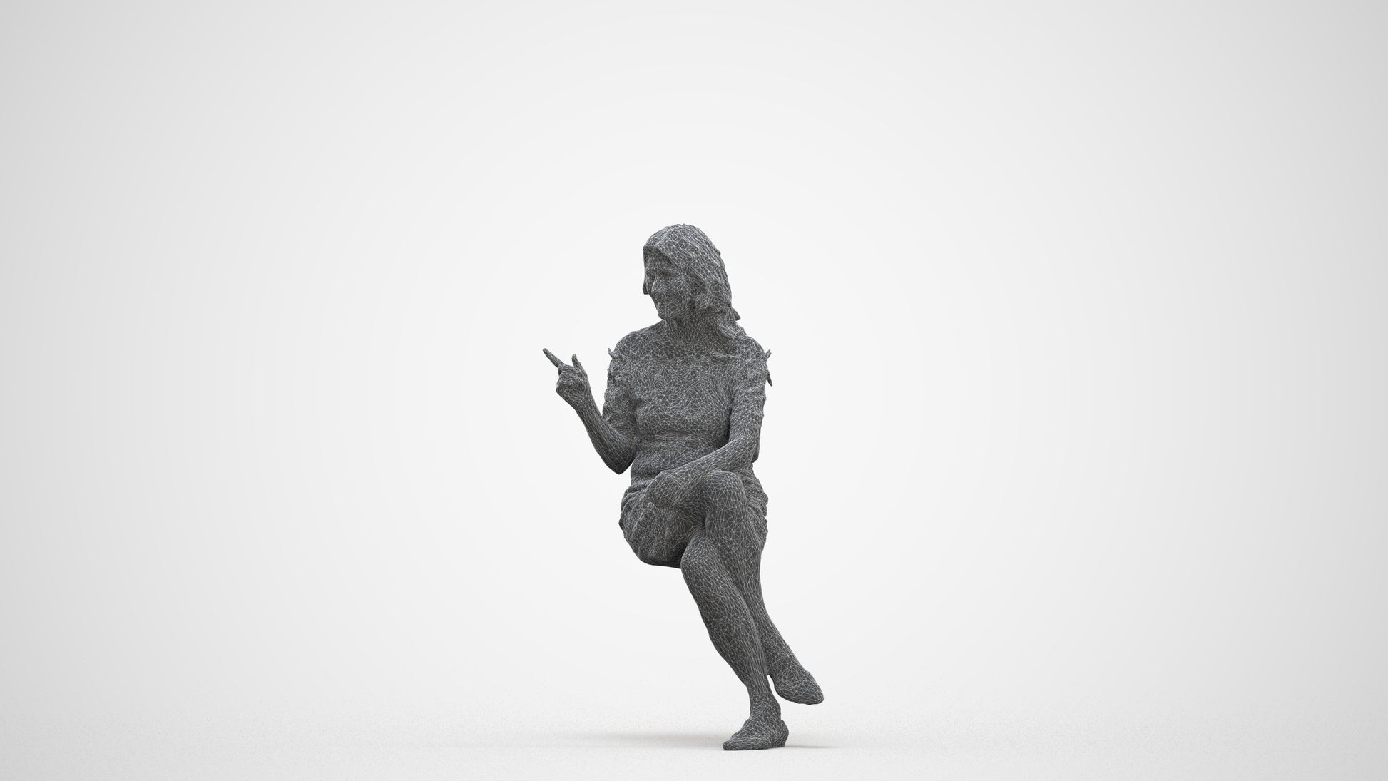 3D human model senior woman casual sitting, photogrammetry scanned person for archviz, three-quarter front view render
