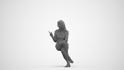 3D human model senior woman casual sitting, photogrammetry scanned person for archviz, three-quarter front view render