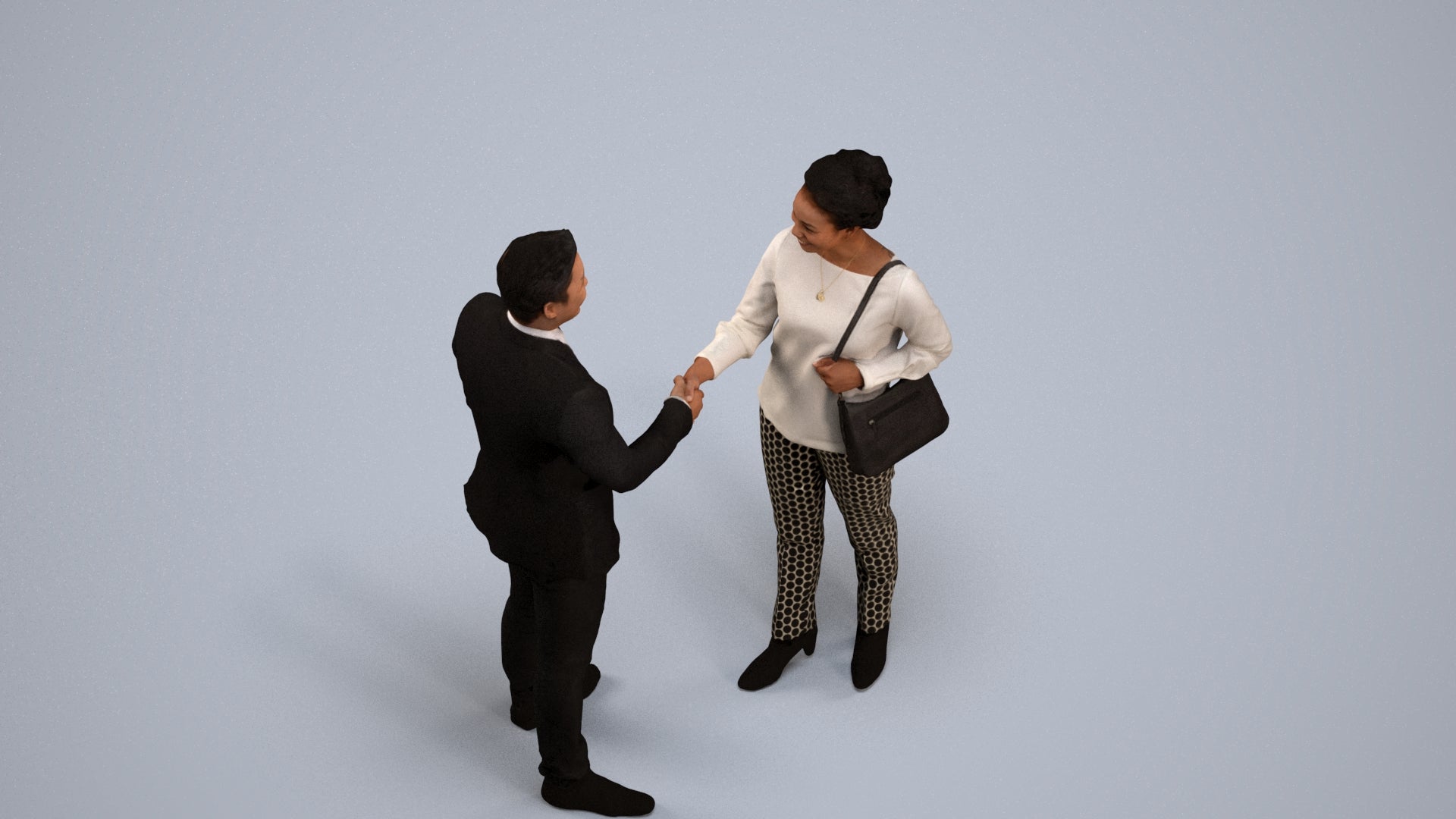 3D human model woman casual business, photogrammetry scanned person for archviz, back view render