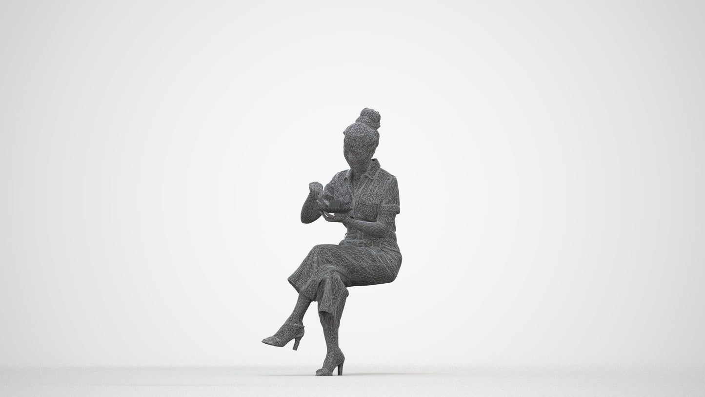 photogrammetry 3D woman formal sitting, realistic human model archviz FBX, wireframe back view