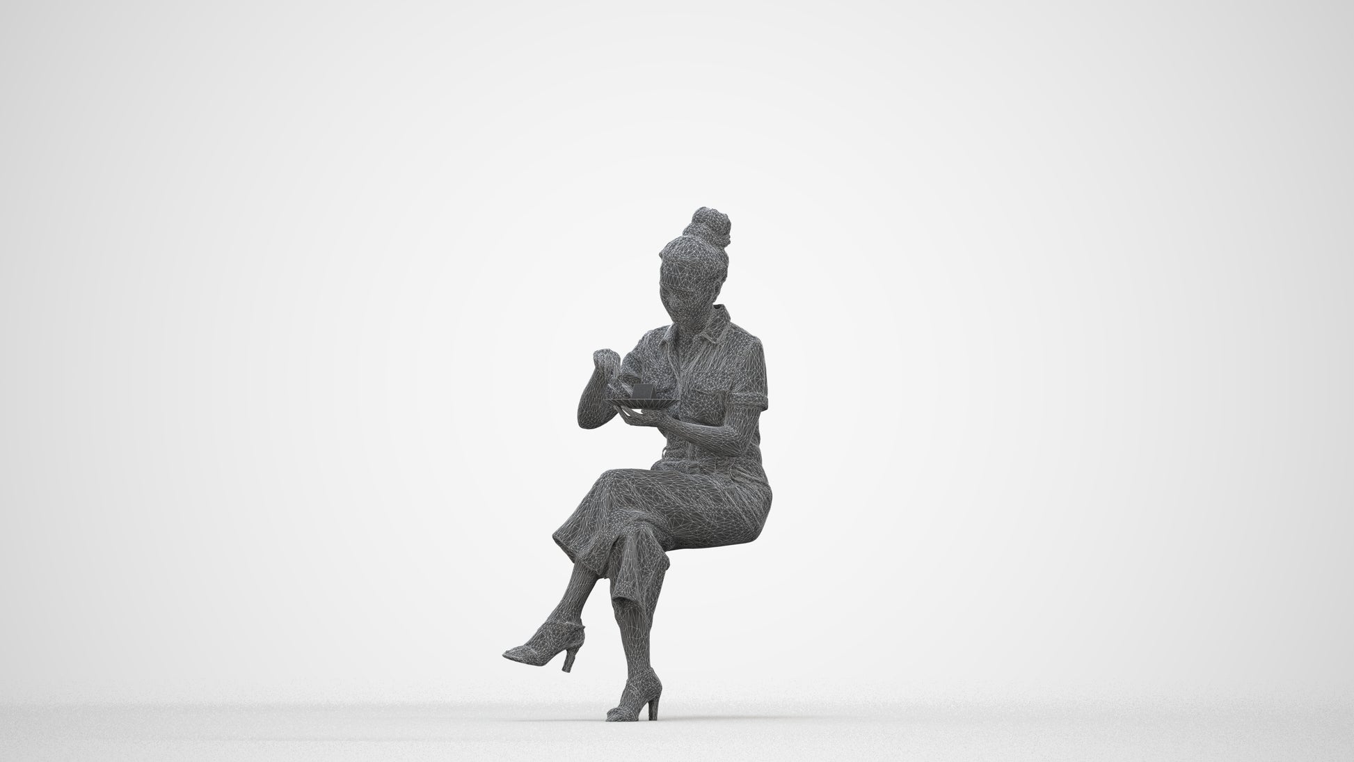 photogrammetry 3D woman formal sitting, realistic human model archviz FBX, wireframe back view