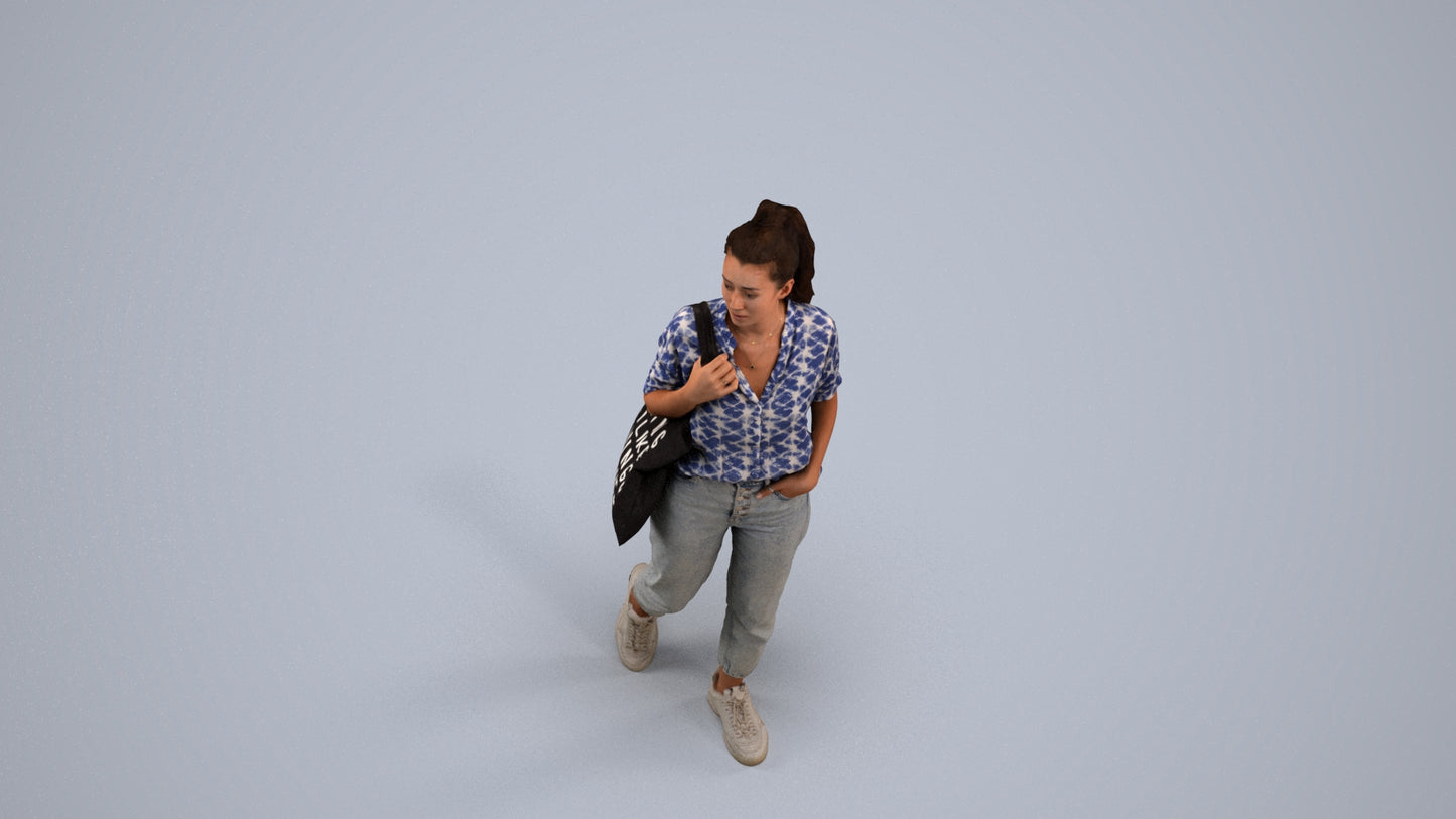 realistic 3D woman casual walking, scanned archviz people for Blender and 3ds Max, back view render