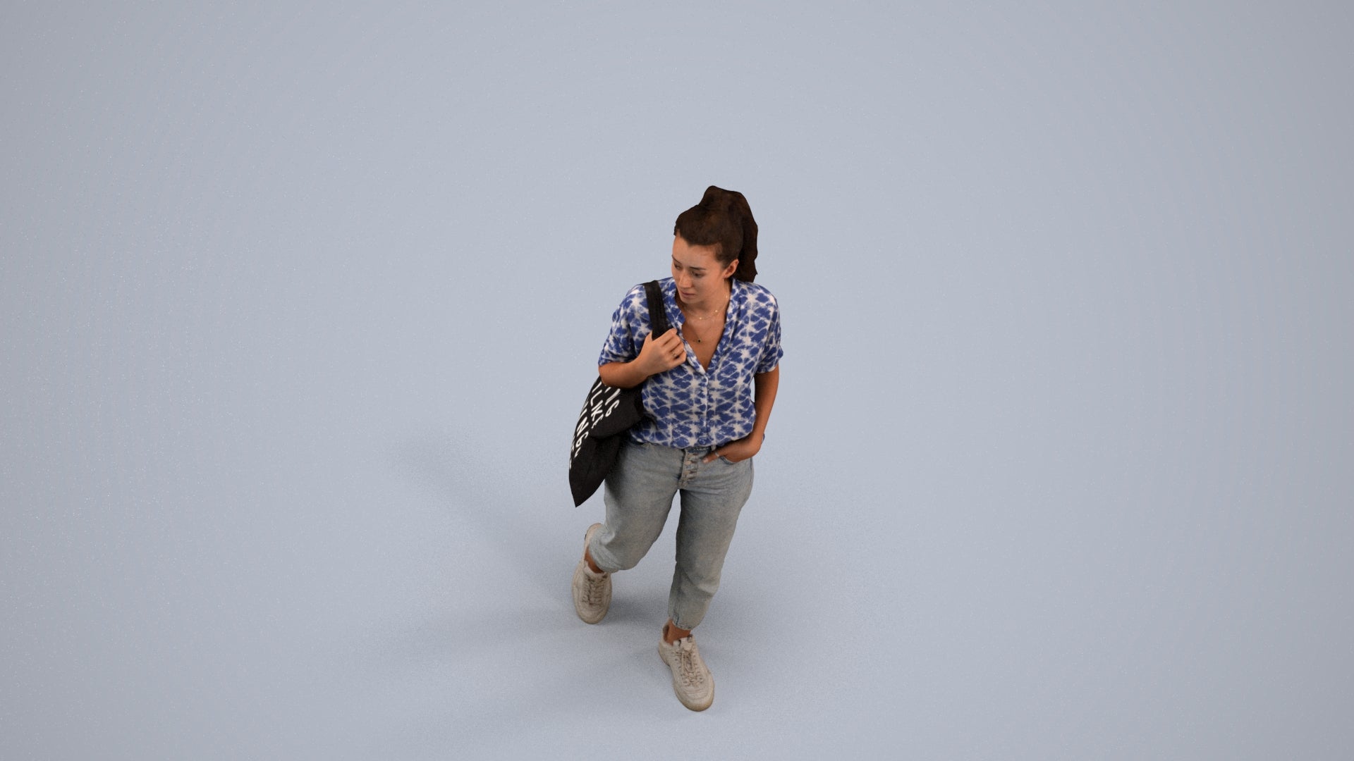 realistic 3D woman casual walking, scanned archviz people for Blender and 3ds Max, back view render