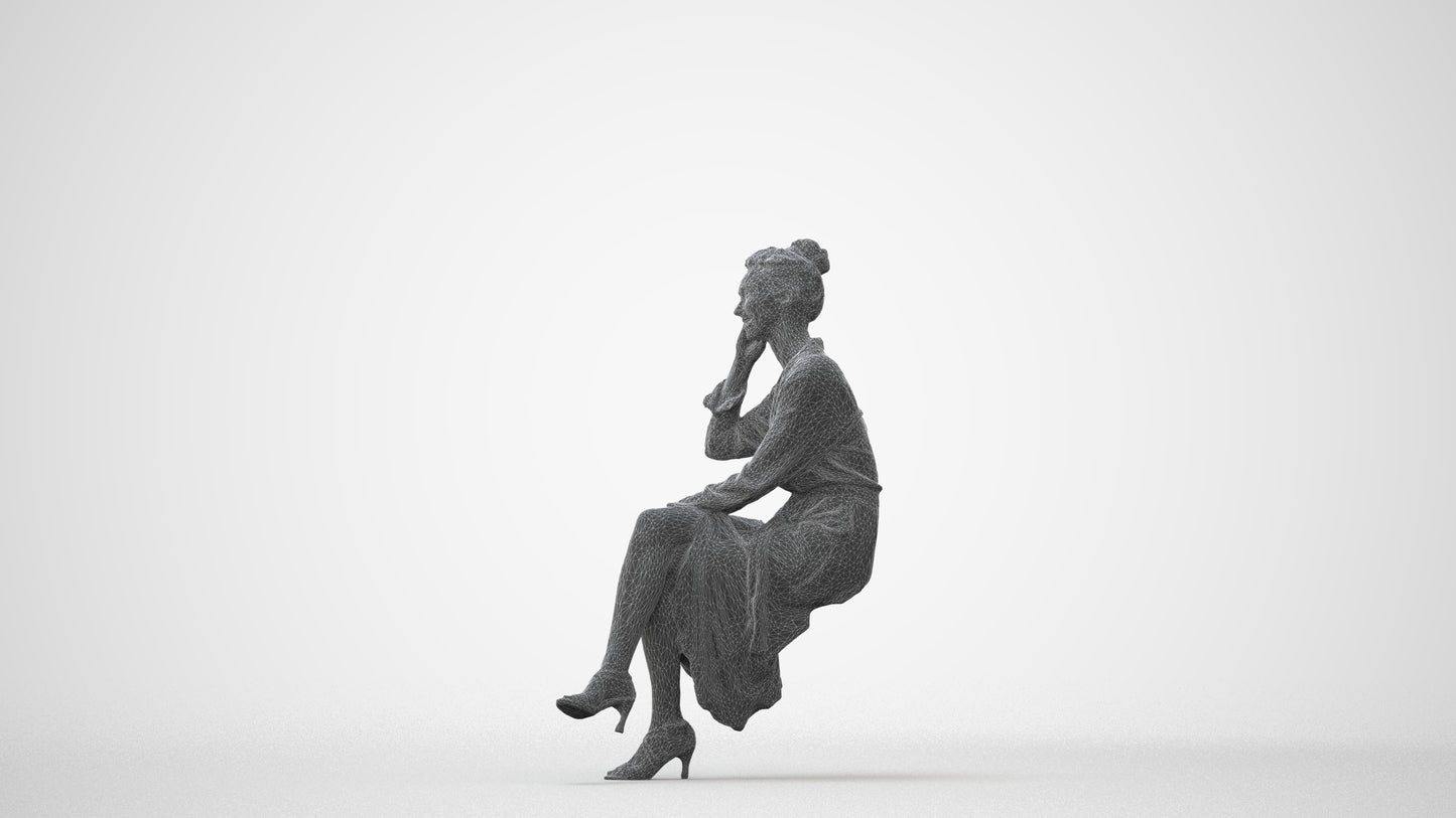 realistic 3D woman casual sitting, scanned archviz people for Blender and 3ds Max, square thumbnail