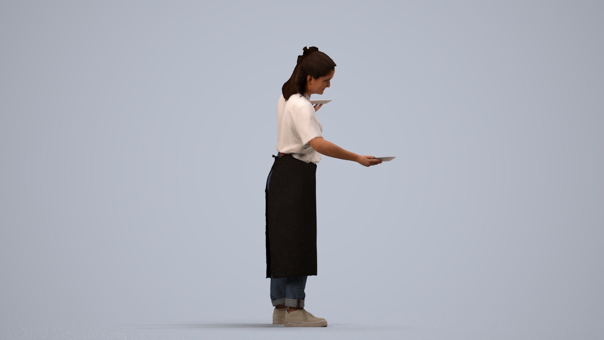 3D scanned woman hospitality, photorealistic archviz people for Enscape and SketchUp, side view render