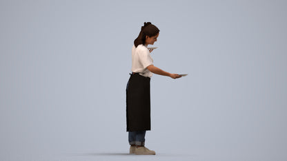 3D scanned woman hospitality, photorealistic archviz people for Enscape and SketchUp, side view render