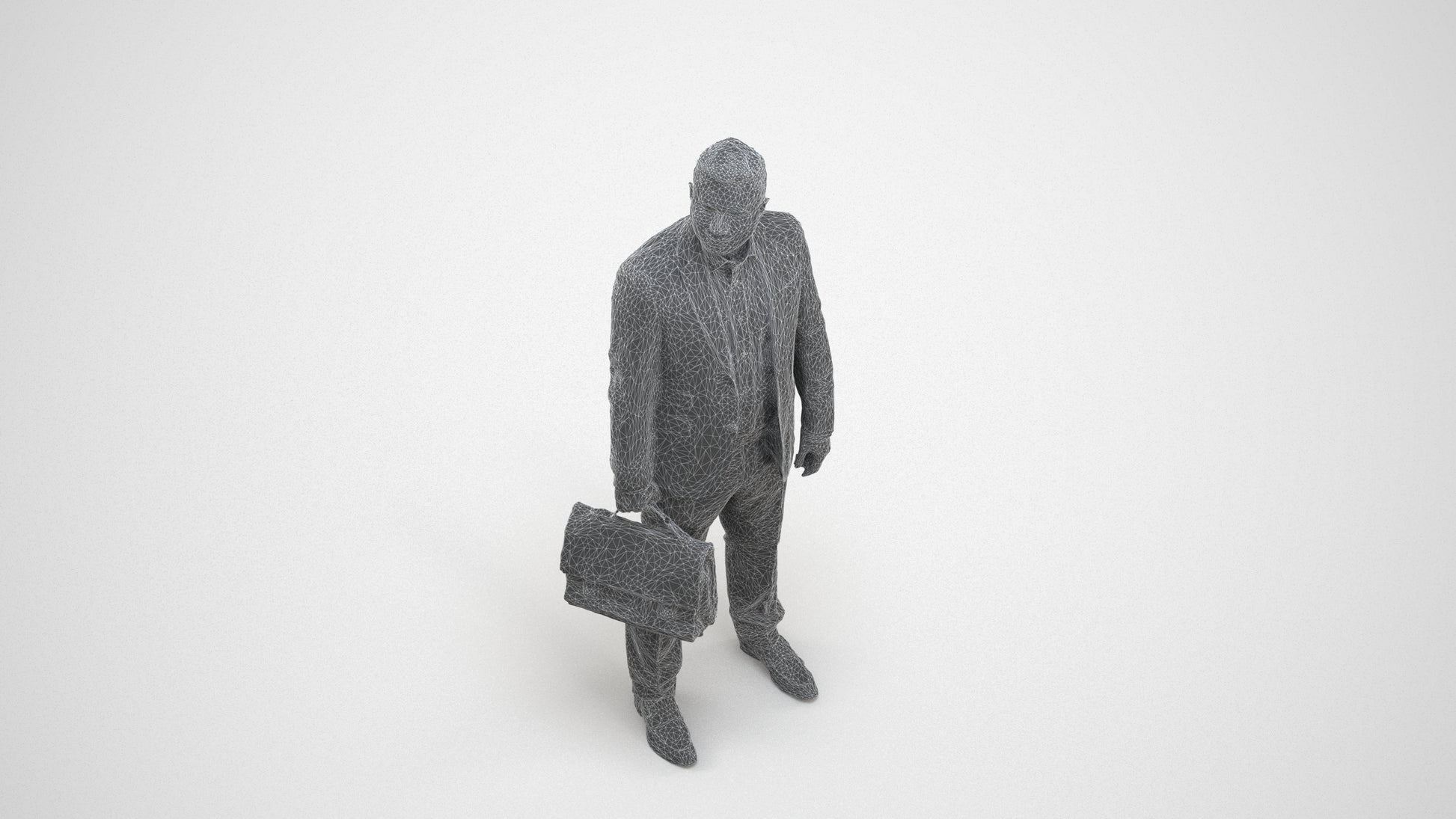 realistic 3D human man business, archviz people FBX OBJ for Blender, wireframe three-quarter view