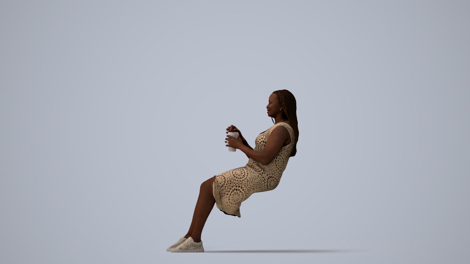 realistic 3D woman casual sitting, scanned archviz people for Blender and 3ds Max, three-quarter view render