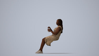 realistic 3D woman casual sitting, scanned archviz people for Blender and 3ds Max, three-quarter view render