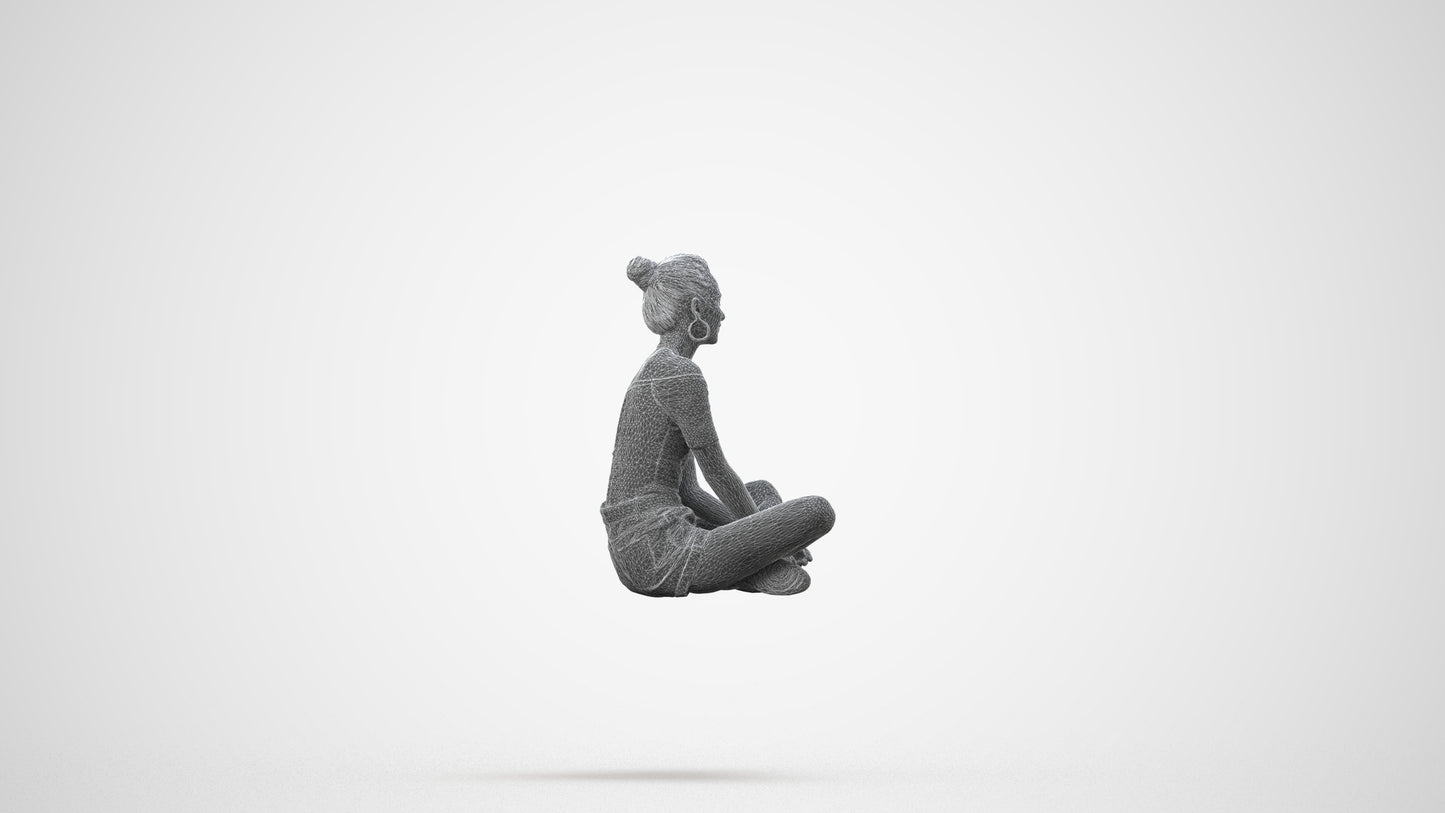 scanned 3D woman casual sitting, photogrammetry people for Enscape and V-Ray, wireframe side view