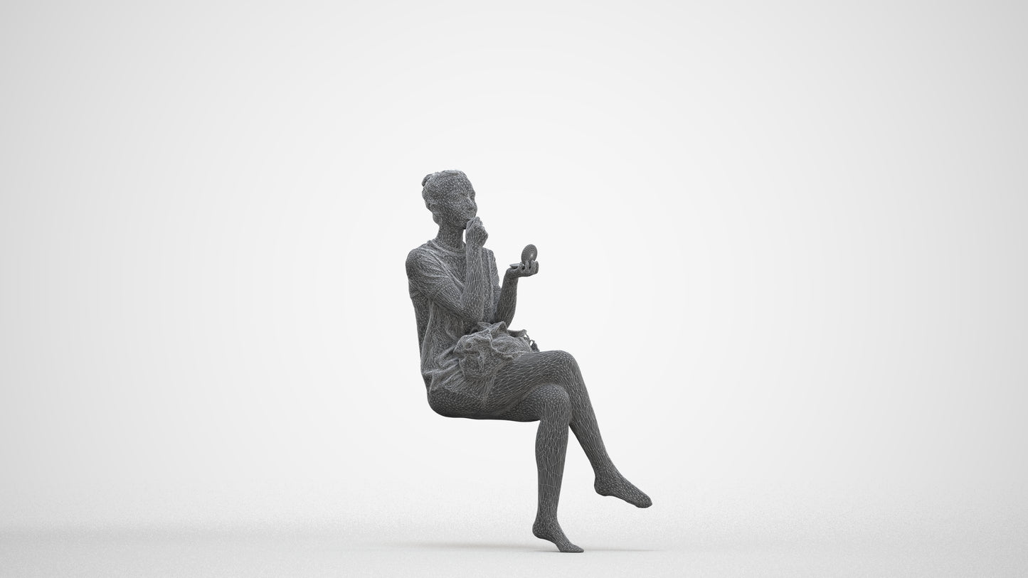 realistic 3D woman casual sitting, scanned archviz people for Blender and 3ds Max, three-quarter front view render