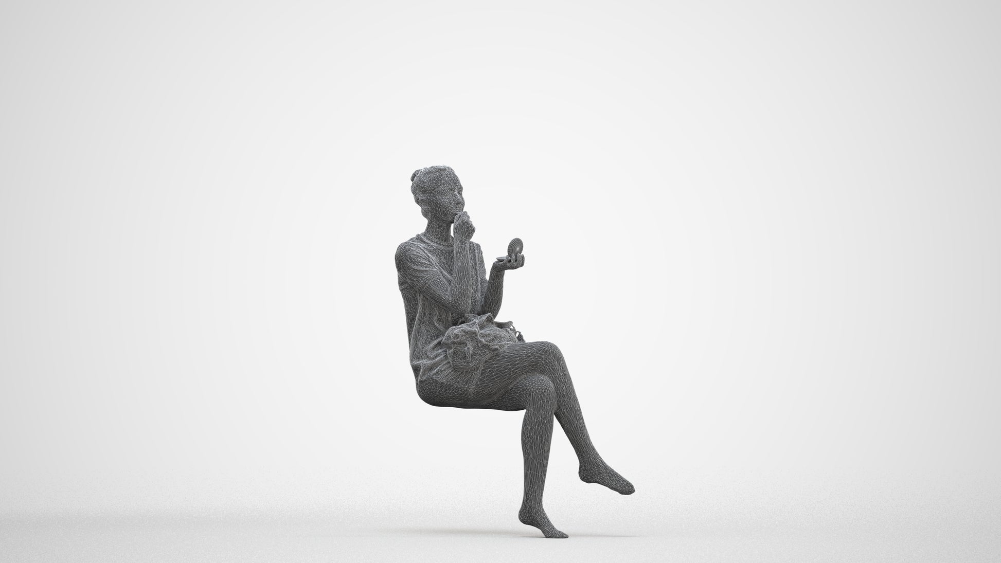 realistic 3D woman casual sitting, scanned archviz people for Blender and 3ds Max, three-quarter front view render