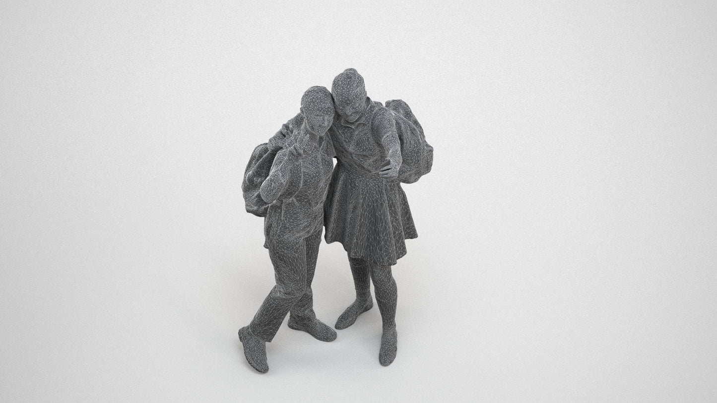 scanned 3D girl kids, photogrammetry people for Enscape and V-Ray, wireframe three-quarter view