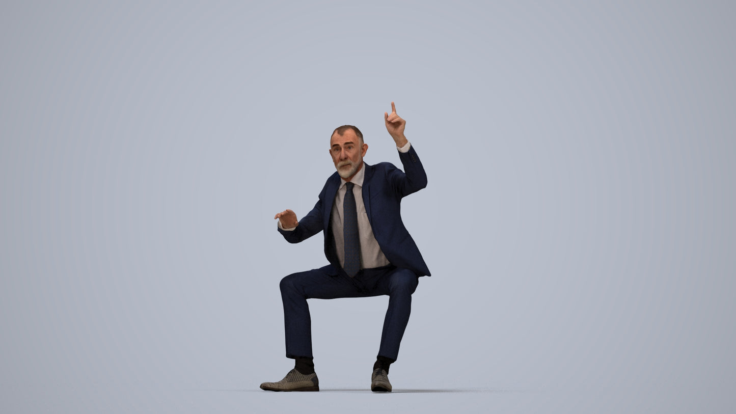 3D human model senior man business, photogrammetry scanned person for archviz, top-down view render