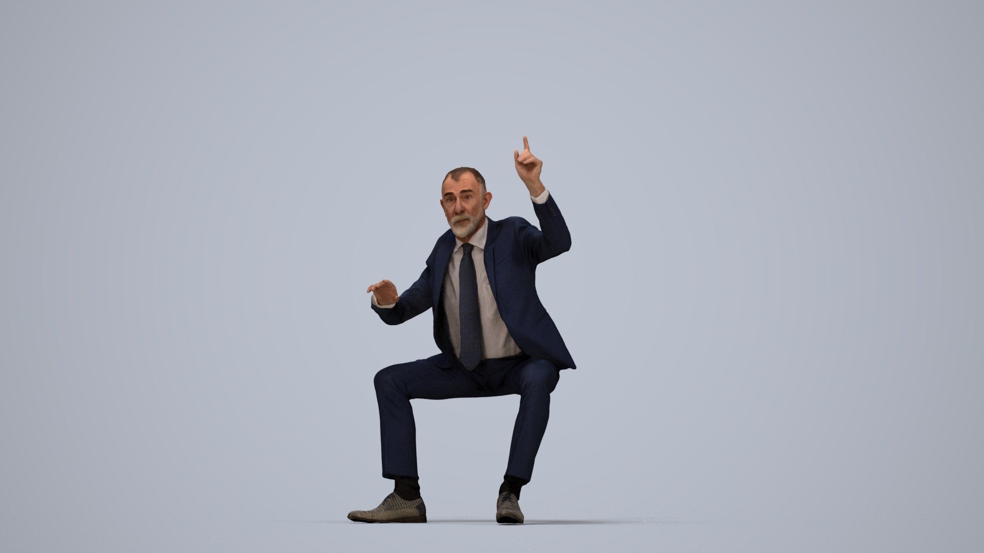 3D human model senior man business, photogrammetry scanned person for archviz, top-down view render
