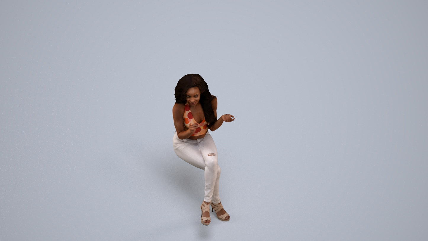 photogrammetry 3D woman casual sitting, realistic human model archviz FBX, back view render