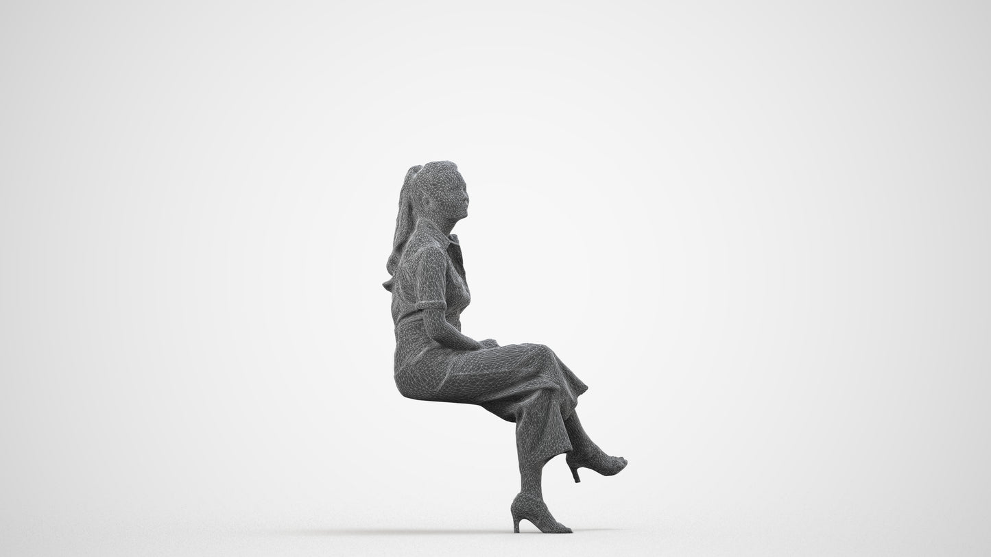 3D scanned woman sitting formal, photorealistic archviz people for Enscape and SketchUp, wireframe side view