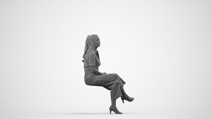 3D scanned woman sitting formal, photorealistic archviz people for Enscape and SketchUp, wireframe side view
