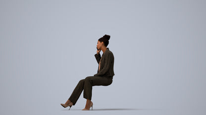 3D human model woman business sitting, photogrammetry scanned person for archviz, three-quarter view render