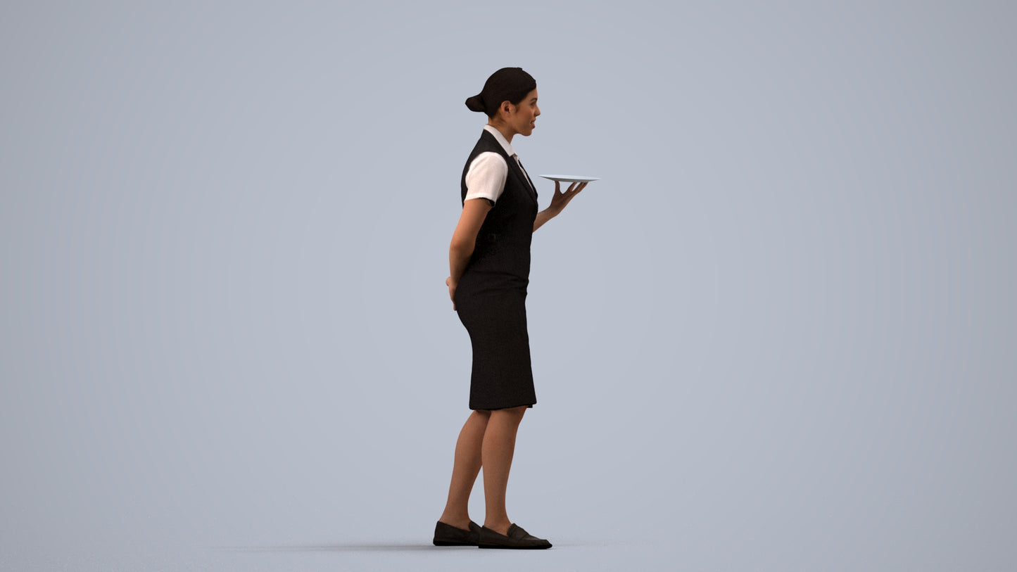 photogrammetry 3D woman hospitality, realistic human model archviz FBX, side view render