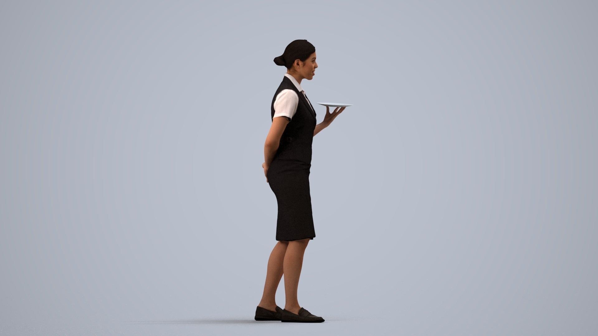 photogrammetry 3D woman hospitality, realistic human model archviz FBX, side view render