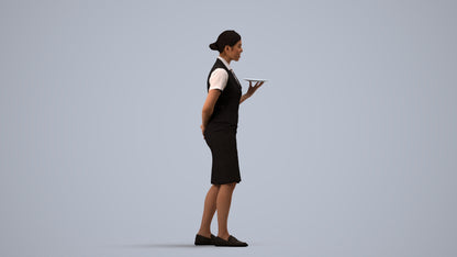 photogrammetry 3D woman hospitality, realistic human model archviz FBX, side view render