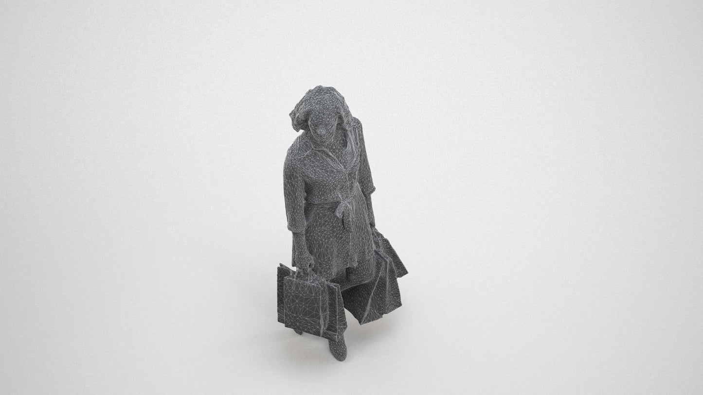 3D human model woman casual shopping, photogrammetry scanned person for archviz, wireframe three-quarter view