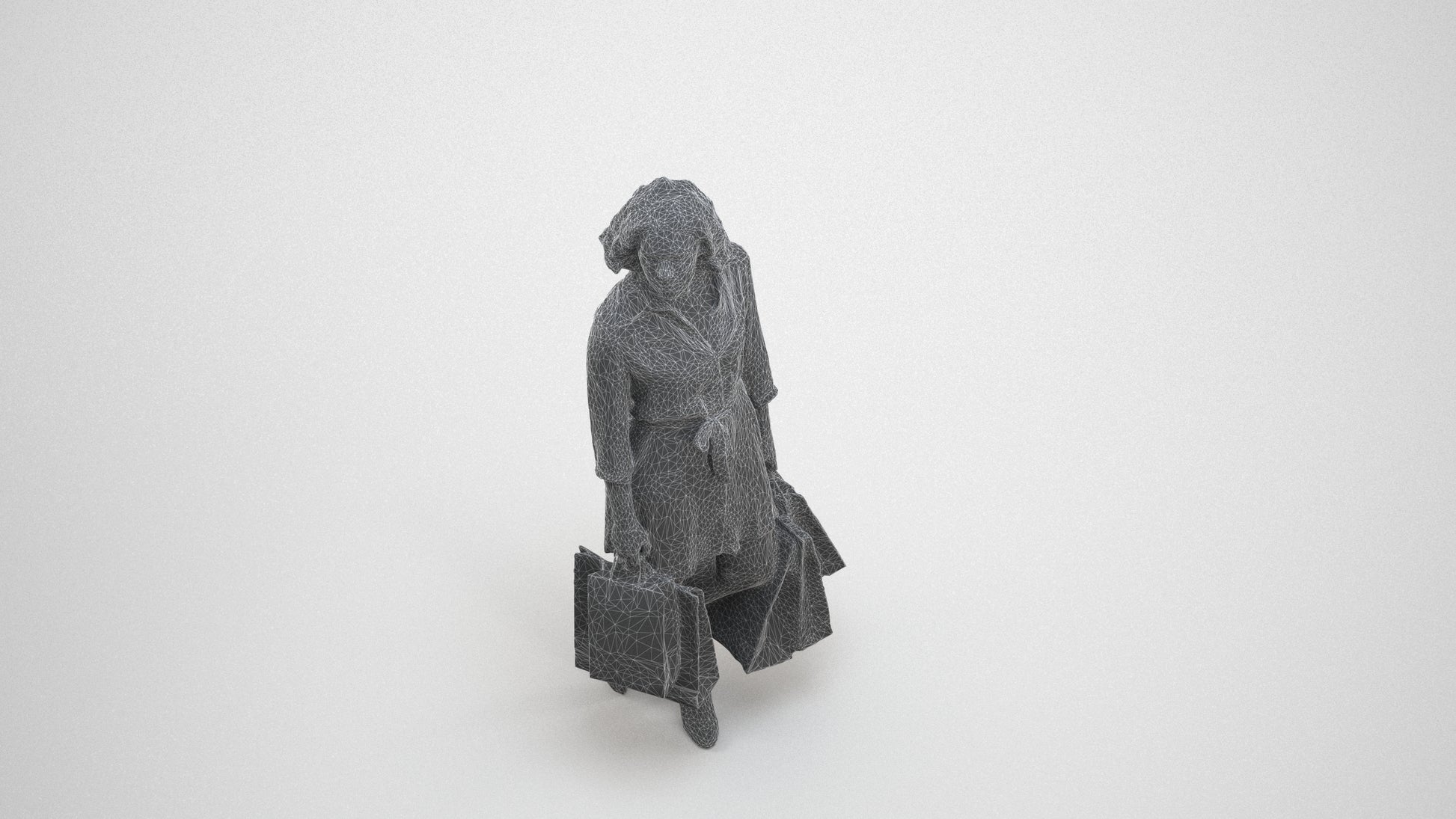 3D human model woman casual shopping, photogrammetry scanned person for archviz, wireframe three-quarter view